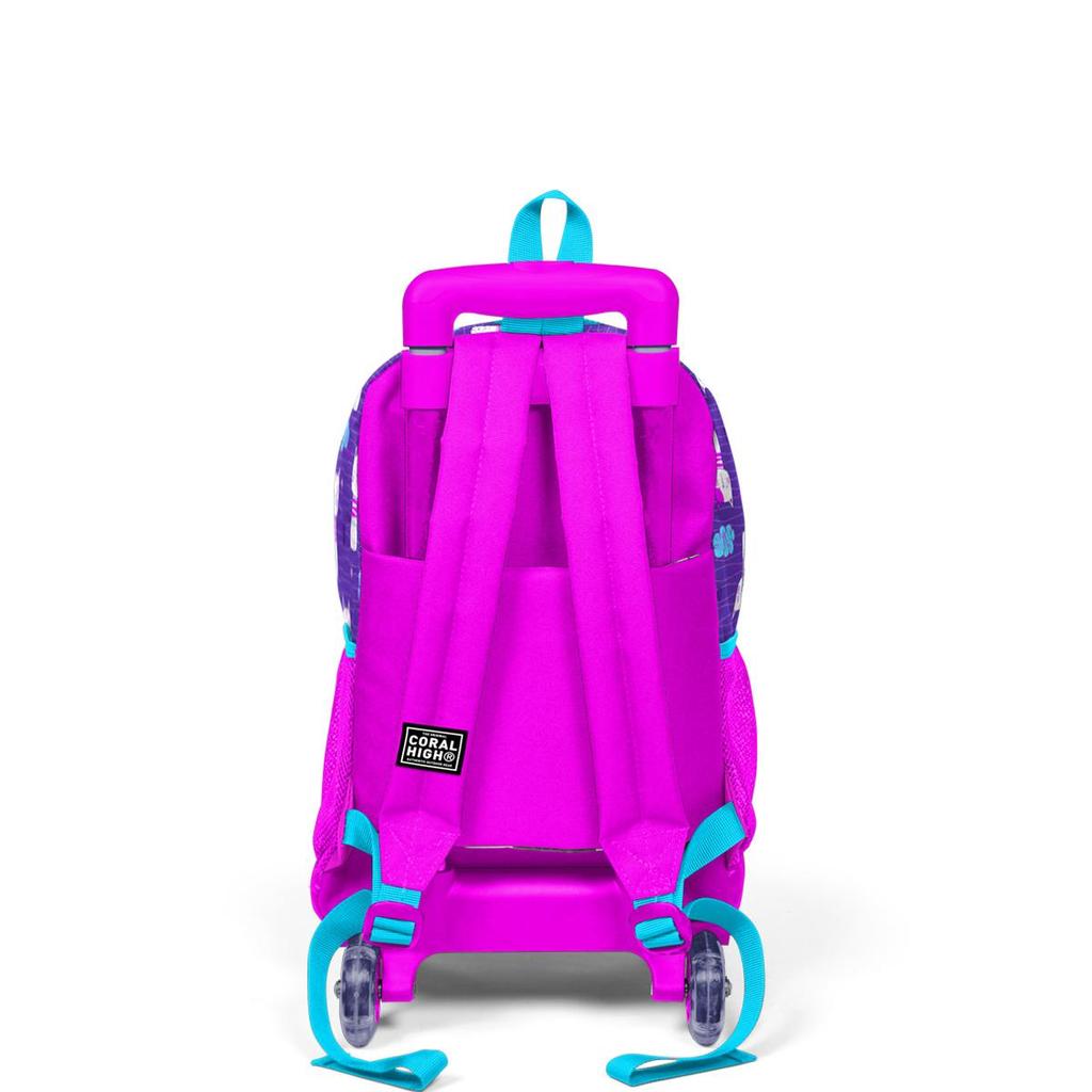 Coral High Kinder Schulrucksack 23360, lila, rosa, mit Katzenmuster, drei Fächer, mit Rakelmuster