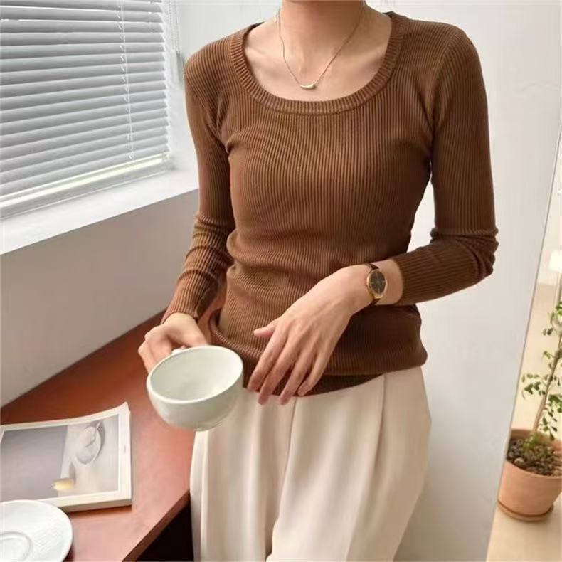 autumn and winter new low round neck long-sleeved slim-fit jumper stacked with simple solid color bottoming shirt top women