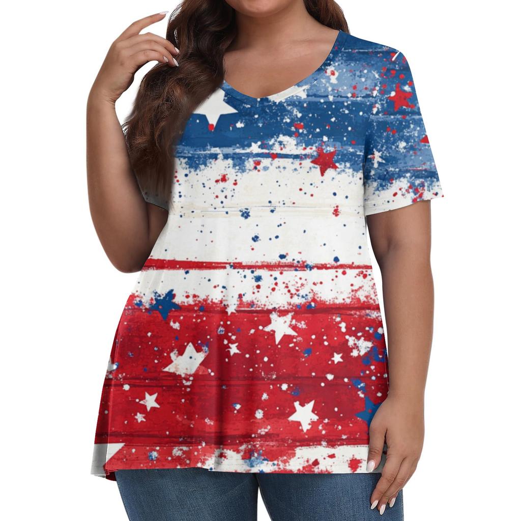 Women's Fashion Casual V-Neck Pullover Short Sleeve Large Size Independence Day Printed T-Shirt Top