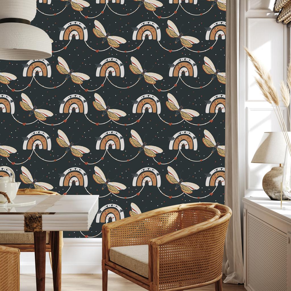 Rainbows and Butterflies Boho Wallpaper Turquoise, Graphite and Gray 50x1000