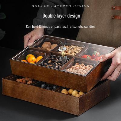 Elegante contenitore in legno per frutta e snack con coperchio e divisori
