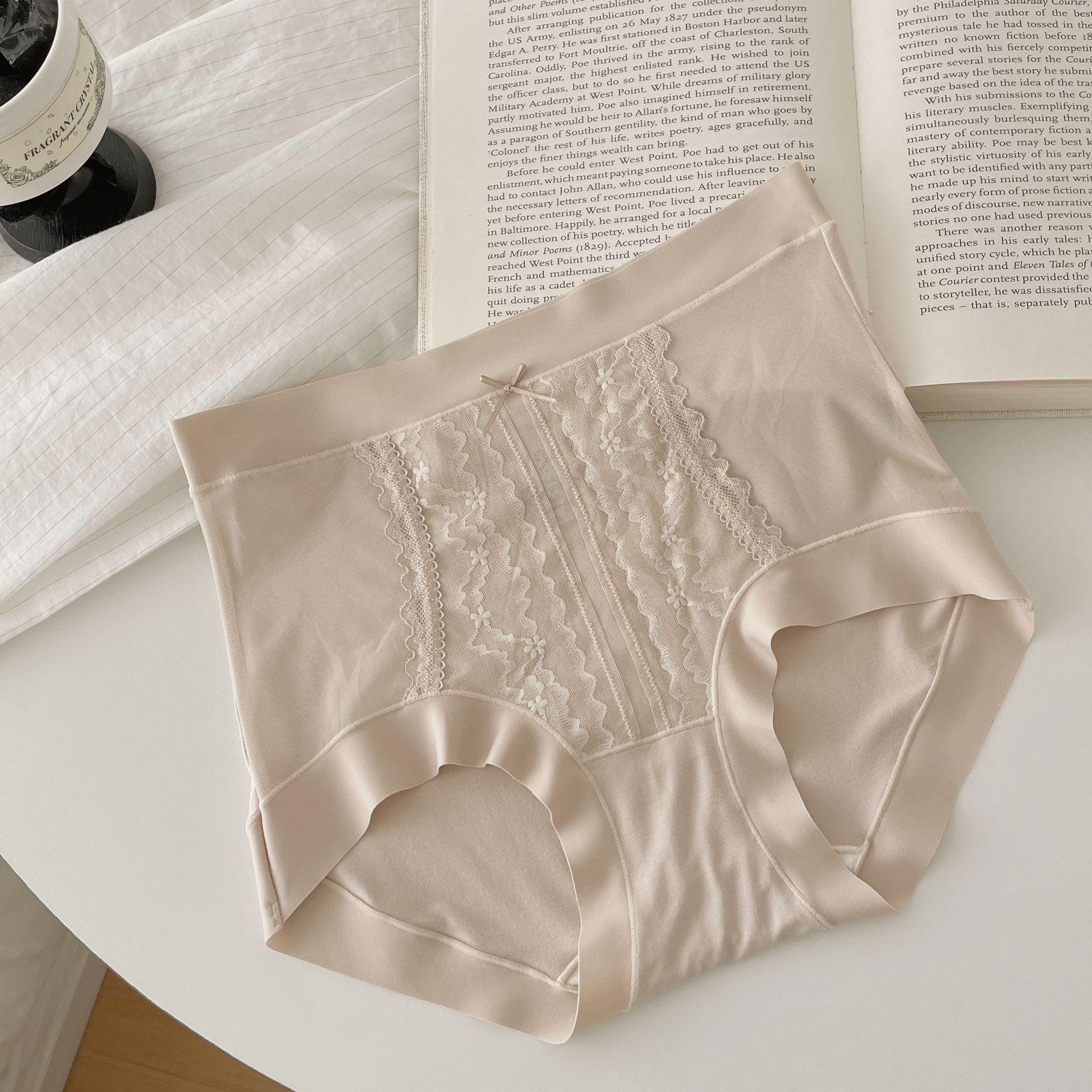 60S Modal Women s French Lace High-Waisted Tummy Control Butt-Lifting Seamless Cotton Crotch Briefs One Size молочного кофе