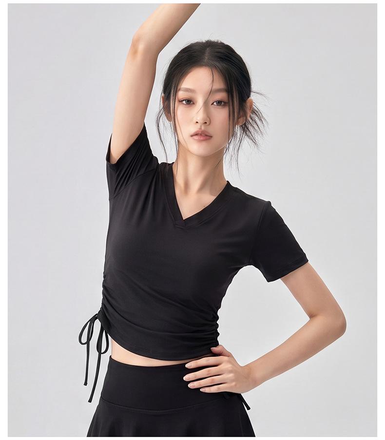 Women's Slim-Fit V-Neck Drawstring Top: Fashionable, Versatile, Soft Texture, Short-Sleeved T-Shirt, Complements All Skin Tones.