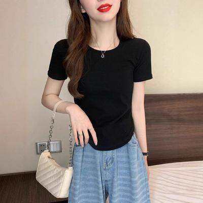 Pure Desire Wind Round Neck Curved Hem Short Sleeve T-shirt Women's Summer New Korean Version Slim Irregular Top Short Ins