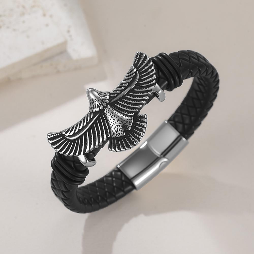 Dawapara Punk Flying Eagle Owl Bangle Bracelet 20cm Black Leather Wristband for Men Stainless Steel Jewelry