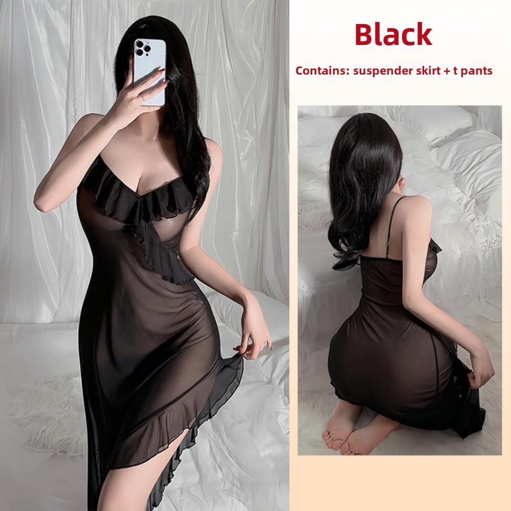 Style Suspender Nightgown Sexy Charming Ruffle Bottom Swing Split Pajamas Loungewear