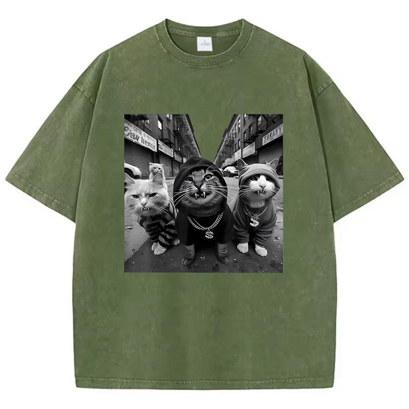 Streetwear Cat Hip Hop T Shirt Vintage Washed Cotton T-Shirt Graphic Tee Casual Streetwear Spring Summer Tee