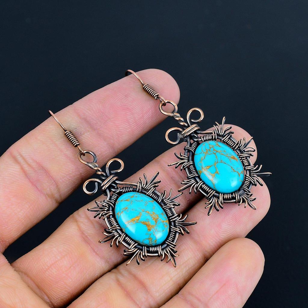 Blue Copper Turquoise Handmade Gemstone Earrings, 999 Copper Wire Wrapped Earrings Antique Jewelry, For Engagement Gift