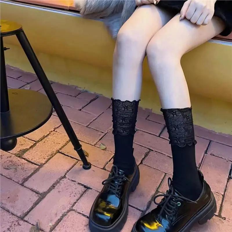 Lolita Stockings Woman Solid Color Lace Cute Lolita Thigh High Thick Warm Stockings Autumn/Winter White Long Leg Socks for Women