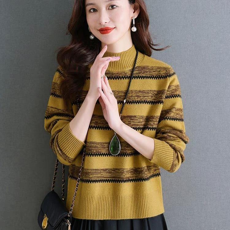 Fashionable Knitted Sweater for Women Half Turtleneck Striped Base Shirt New Style Autumn and Winter Sweater