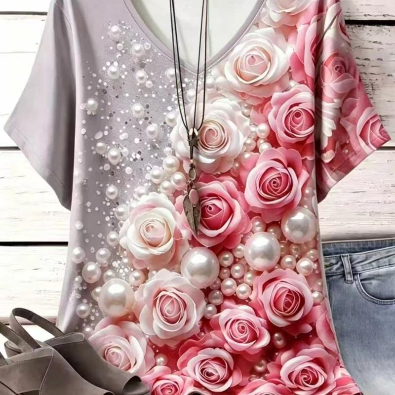 Summer Ladies 3D Printed V-Neck T-Shirt Fashion Versatile Breathable Trend Casual
