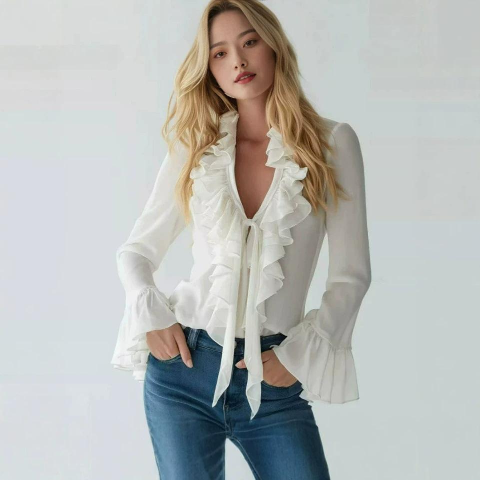Women's Ruffled V Neck Long Sleeve Elegant Blouse Solid Color Casual Top Shirt