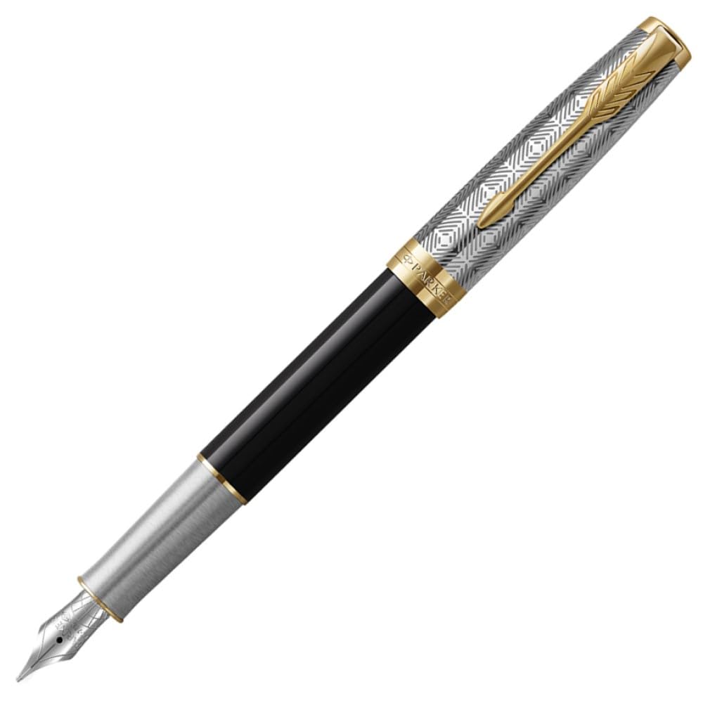 PARKER Sonnet Premium Metal Black GT Fountain Fine 18K Gold Gift Box Official 2119784 & Pen, Nib, Nib, Included, Import,