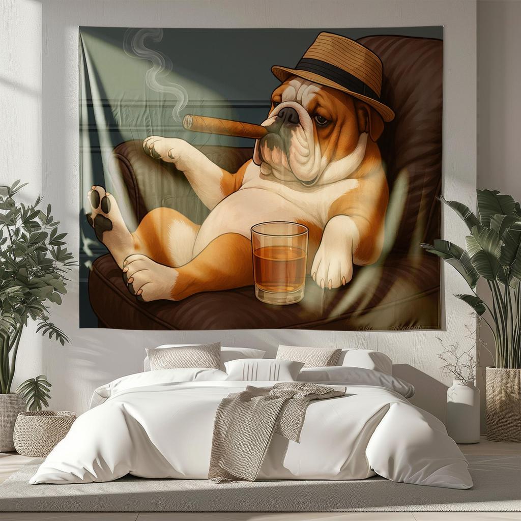 Funny Bulldog Tapestry Cigar Whiskey Dog Wall Hanging English Bulldog Wall Art Man Cave Decor Humorous Pet Lover Gift