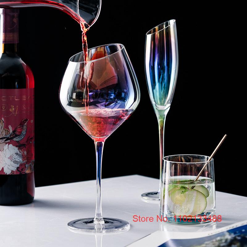 2 Pcs Color Pearl Crystal Wine Glass Wedding Party Glassware Drink Cup Plating Rainbow Oblique Bordeaux Goblet Champagne Flutes