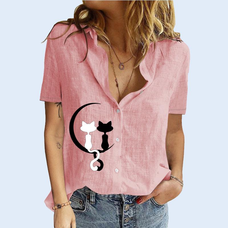 

Женская мода блузки с лацканами и воротником лето и осень футболка с короткими рукавами и принтом кота женский хлопковый льняной кардиган футболка 5XL розовый
