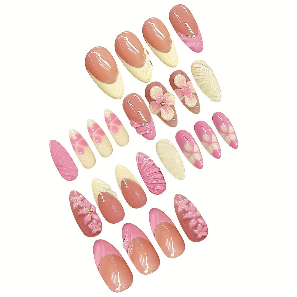 24Pcs Yellow & Pink Flower Decor French Manicure Medium Almond Shaped Artificial Nail Tips, For Ladies Daily Wear Press On Nails Nail Supplies