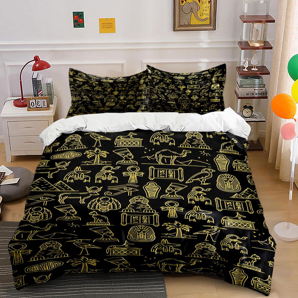Golden Egyptian hieroglyphic symbols. Bedding sets Duvet cover sets Duvet covers Pillowcases(1 * Duvet Cover 2 * Pillowcases without duvet insert) 135x200cm