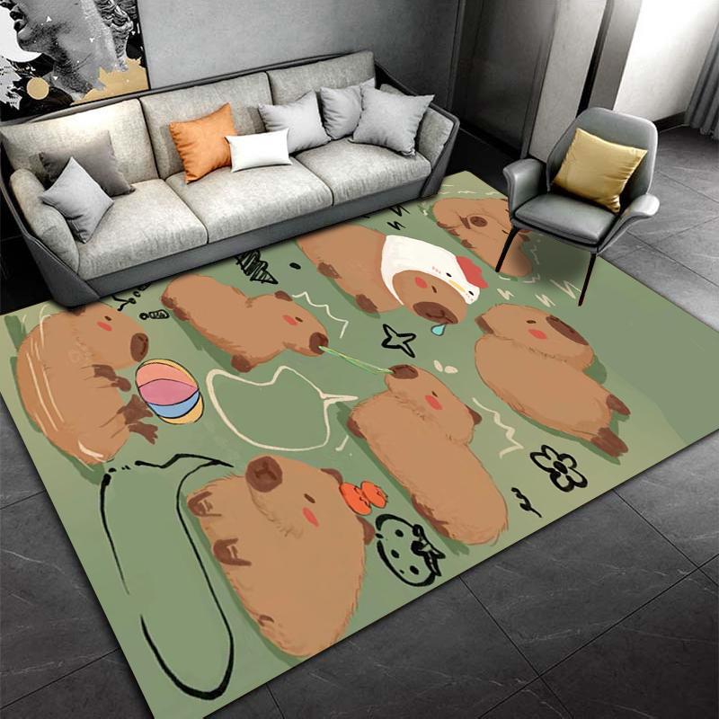 Cartoon Capybara Pattern Carpet, Green Background Kids Room Rug Suitable for Use As an Anti-slip for Living Room Bedroom Sofas