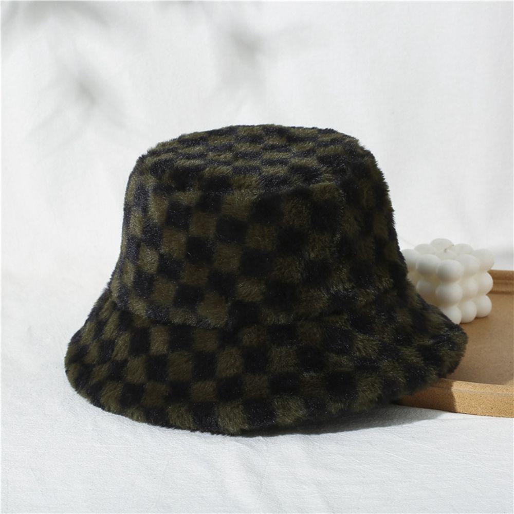 Lambswool Girl Plaid Casual Style Korean Style Caps Female Hats Checkerboard Hat Wool Bucket Hat
