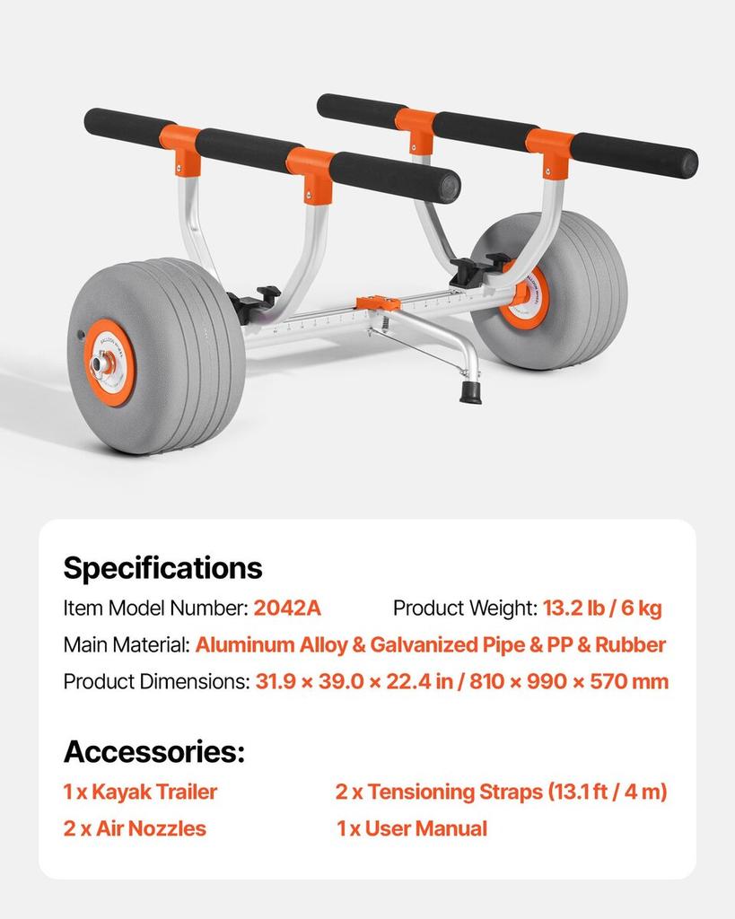 Kayak Cart, 158.8 kg Load Capacity, Kayak Trolley with 30.5 cm Inflatable PU Tires & 2 Straps, Assembles & Disassembles Within Seconds, Paddle Board