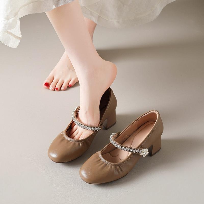 Fashion Rhinestone Strap Anti-Slip Wear-Resistant Block Heel Single Shoes Women's Fashion Round Toe Shallow Heels