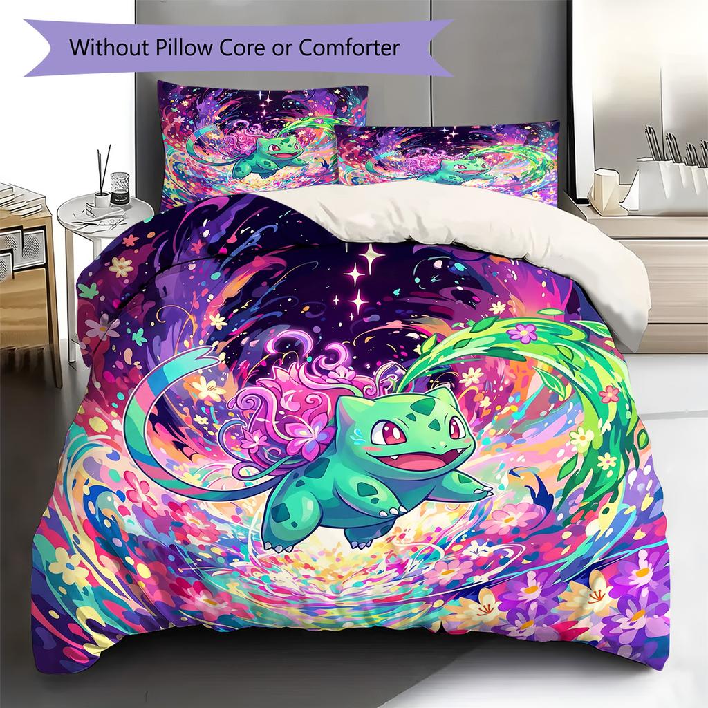 Bulbasaur Pattern Bedding Quilt Set Quilt Cover Pillowcase Home Decoration Birthday Gift (1 * Duvet Cover + 2 * Pillowcase, Without Core)
