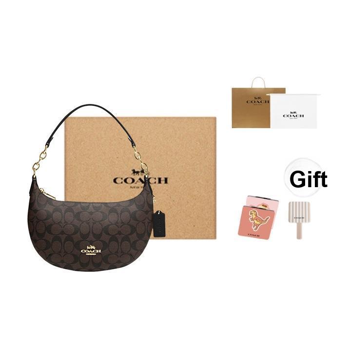 Coach Payton 28 Klassische Monogramm-Reißverschluss-Halbmond-Schultertasche aus beschichtetem Canvas und Leder für Damen, Dunkelbraun CE620-IMAA8