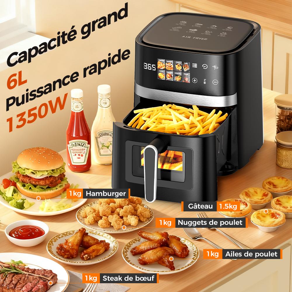 Freidora de Aire 6L Estilo Visible de Vidrio Fácil de Limpiar Doméstico Multifuncional Todo en Uno Freidora Eléctrica