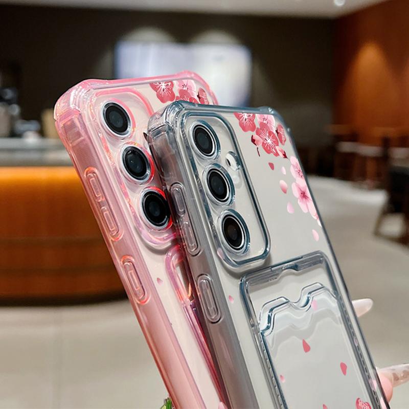 For Samsung S25 Ultra S24 FE S23 S22 A56 A36 A16 A55 Cover Sakura Floral Pattern Soft Silicone Card Slot Shockproof Clear Slim Phone Case