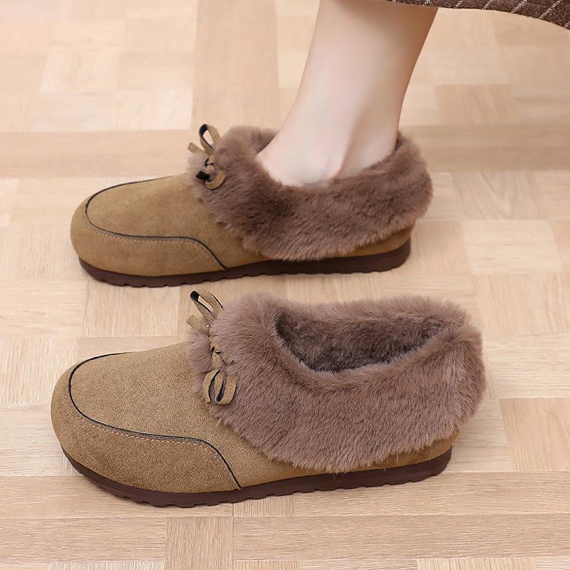 2025 Winter New Shoes Women's Velvet Warm Versatile One-pedal Bow Retro Women's Shoes Shallow Birkenstocks
