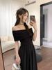 Human Cotton French Light Ripe Feeling Hepburn Style Temperament One-word Shoulder Black Dress Summer Waist Gentle Long Dress