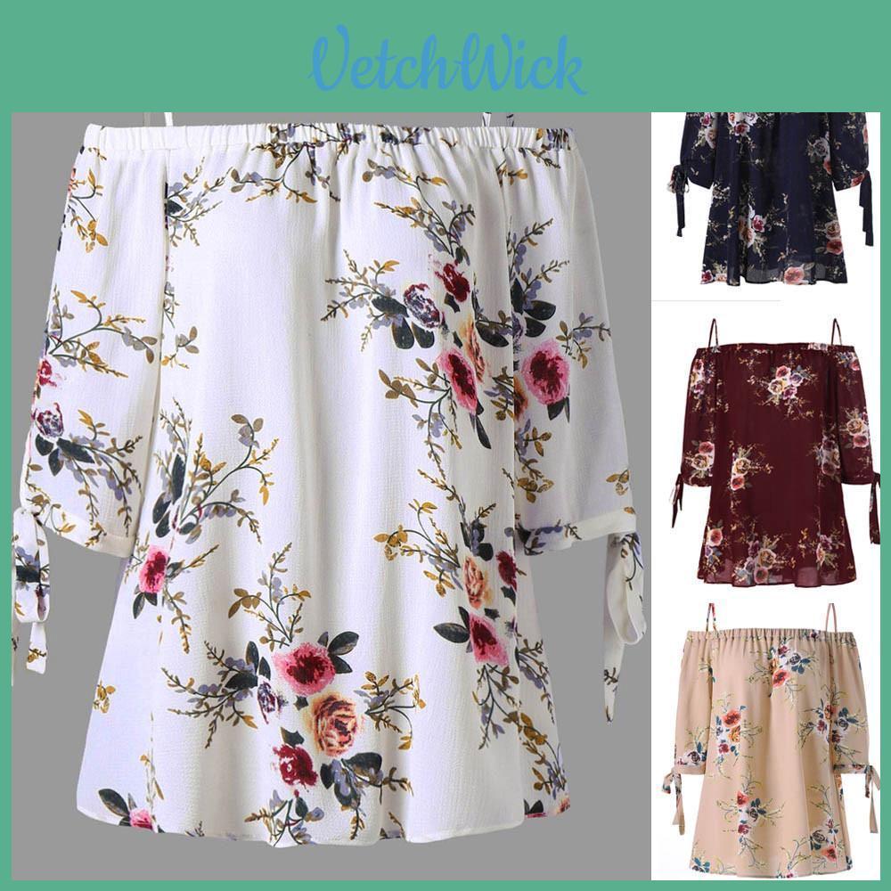 Premium Quality Fashion Womens Plus Size Floral Print Cold Blouse Camis Shoulder Tops