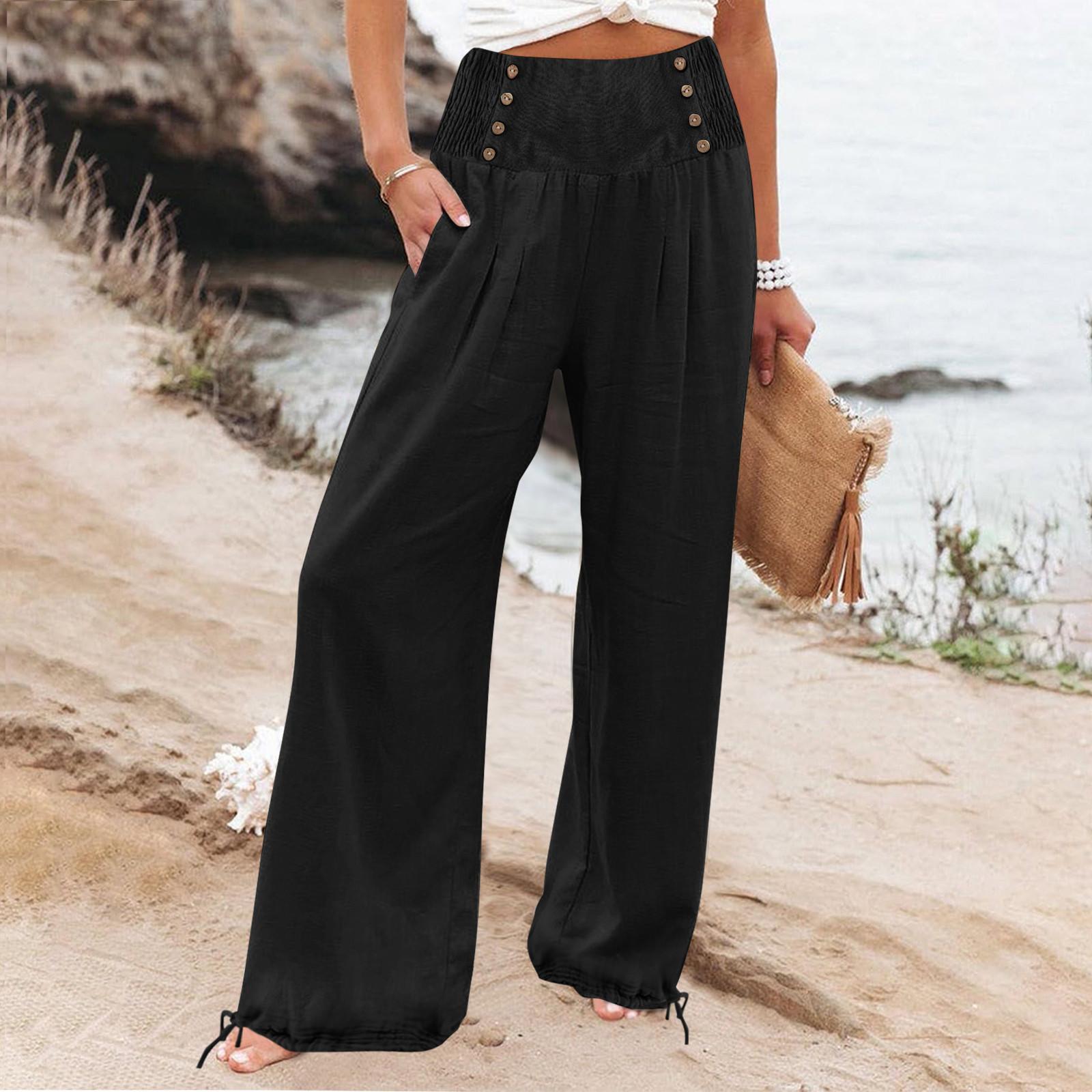 

Брюки для женщин, широкие брюки для йоги с карманами и пуговицами, повседневные укороченные брюки с высокой талией, свободные мягкие пижамные спортивные штаны L чёрный