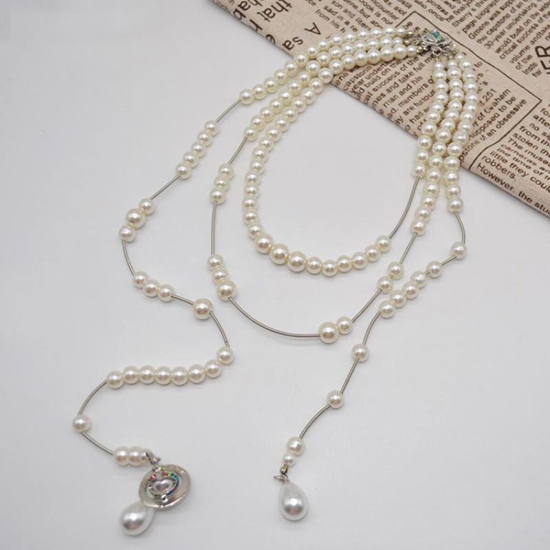Asymmetric Three-Layer Pearl Sweater Chain Necklace Women'S French Style Multi-Layer High-End Clavicle Necklace