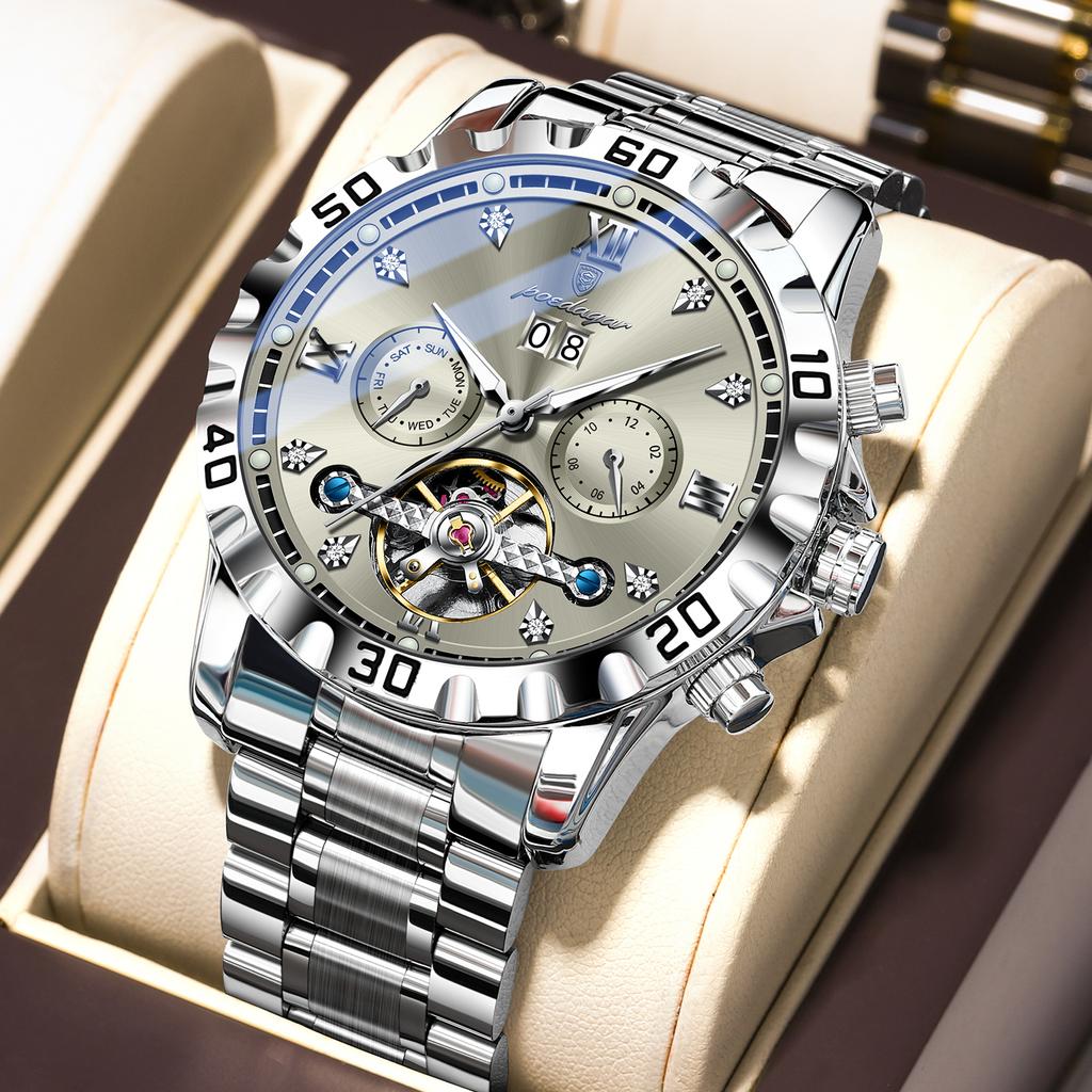 POEDAGAR Top Luxury Men Watch Automatic Date Week Man Wristwatch Hollow Tourbillon Mechanical Stainless Steel Watches