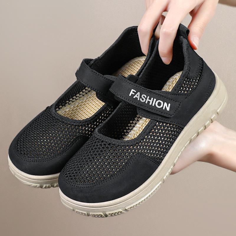 Shoes Women's Shoes Versatile Summer Velcro Flying Woven Casual Shoes New Flat Net Shoes Medium Old Mother Shoes