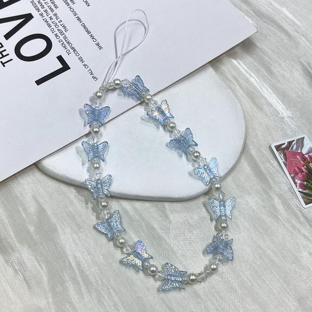 Butterfly Beaded Butterfly Cellphone Lanyard Anti-lost Crystal Clear Candy Colors Cellphone Keychain Sweet Kawaii