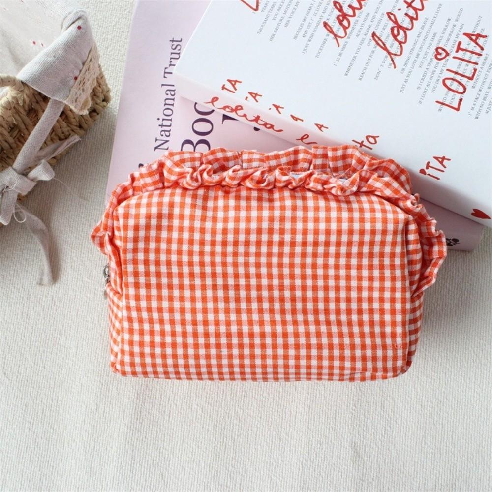 Gingham Plaid Ruffle Edge Makeup Bag Large Capacity Toiletry Bag Plaid Pattern Cosmetic Bag  Travel