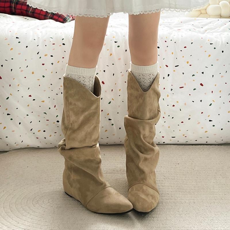 Fashion Autumn Winter Pleated Women Mid Calf Boots Fashion Slip On Internal Elevation Shoes Street Style Banquet Party Short Botas Mujer