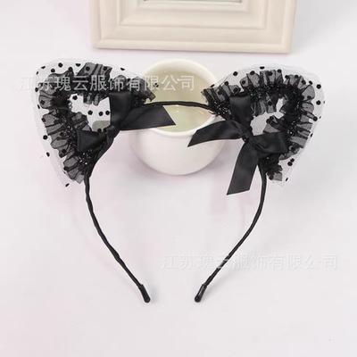 Internet Celebrity Sexy Lace Bells Cat Ears Headband Female Personality Non-slip Pressure Hair High Cranial Top Hairpin Headgear