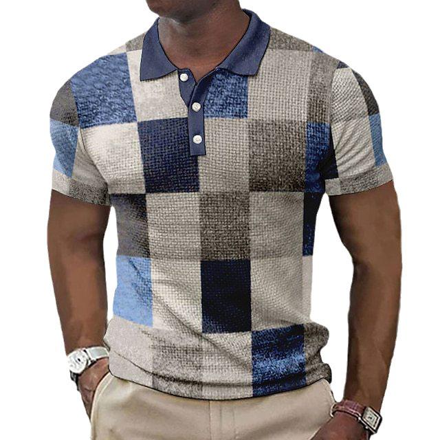 Summer Men's 3D Print Polo Shirt with Plaid and Geometric Patterns