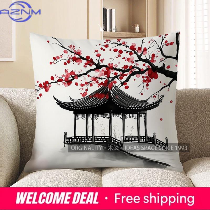 Home Decor Red Plum Blossom Pattern Throw Pillow Cover Pattern Cushion Cover Suitable For Sofa Bedroom Car Pillow Cover