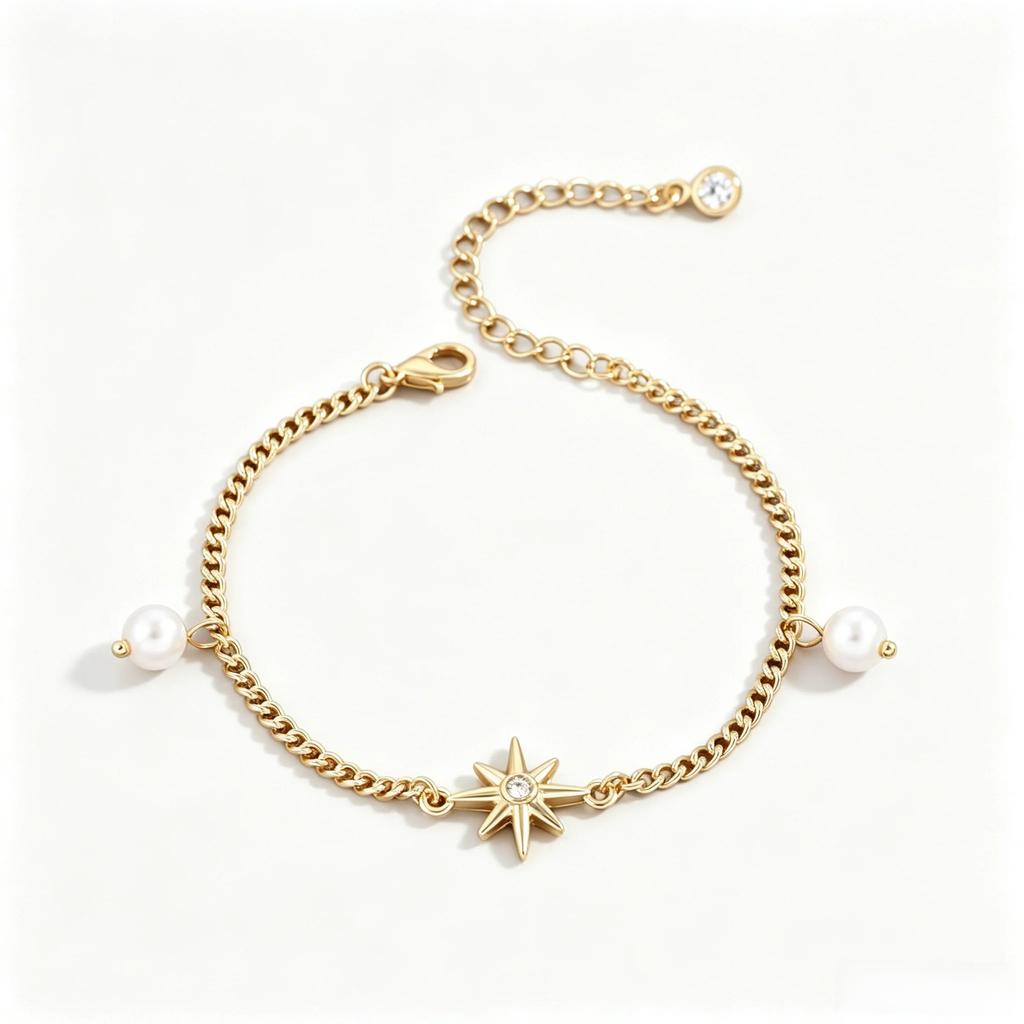 Non Tarnish Gold plate Bracelet Gold Plated Stackable for Women, Thin Herringbone Chain pearl star Jewelry Gift