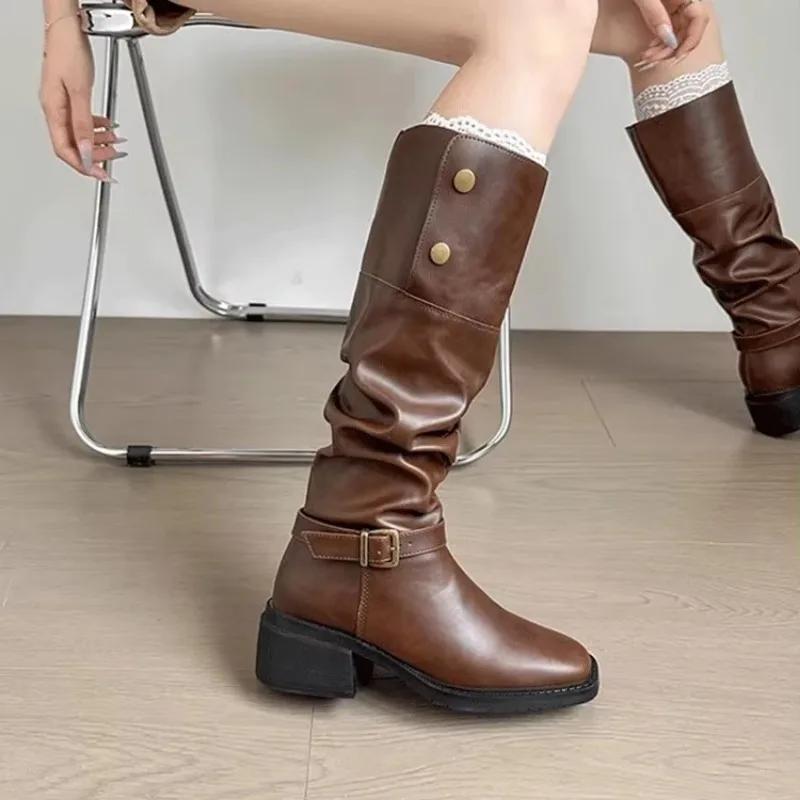 Women High Boots Designer Shoes Mid Heels Brand Motorcycle Botas Autumn 2024 Fashion Casual Knee High Motorcycle Botas Pumps