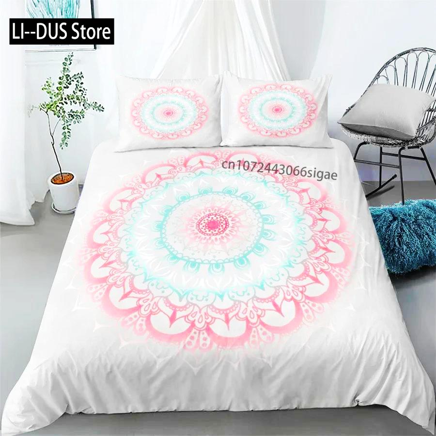 Conjunto de Capa de Edredom Mandala Roupa de Cama Boêmia Azul Rosa Elegante Boêmio Romântico King Poliéster Capa de Edredom Capa de Edredom Fronha