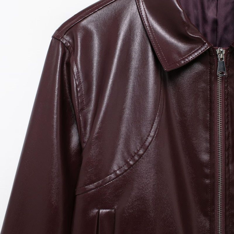 Kaslead New Arrival Women's Clothing Fashion Style Minimalist Casual Retro Polo Collar Solid Color Pu Zipper Jacket