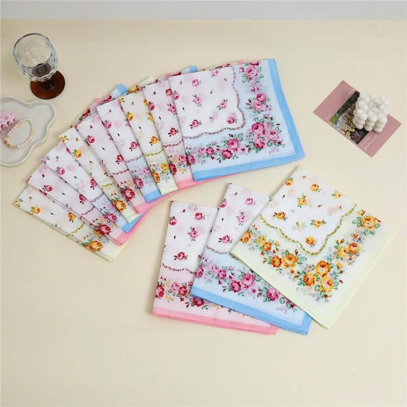 3-Pack Women 43cm Bridal Souvenirs Square Towel Handkerchief Wipe Sweat Pure Cotton Absorbent Printed Floral Placemats