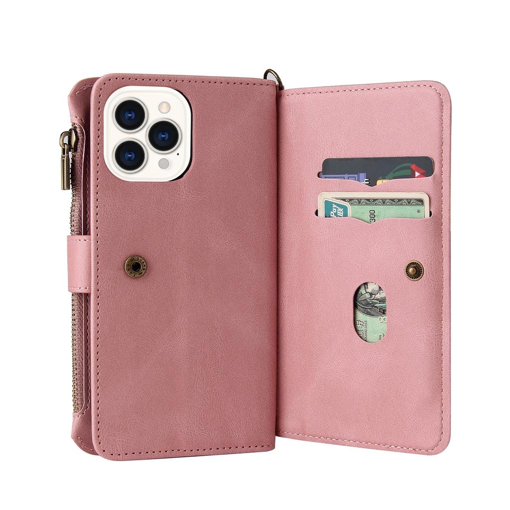 Applicable iPhone16 Leather Case 17Plus Skin Sense Scrub 15 Card Zipper Wallet Case Google 9Pro Solid Color