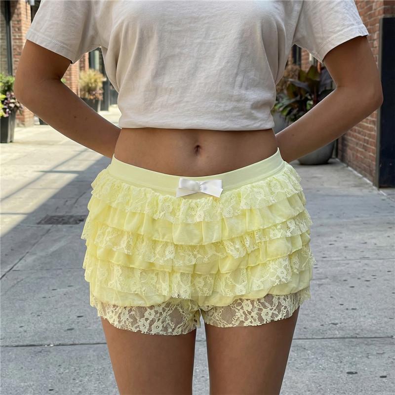 Damen Mesh Spitze Bloomer Shorts Y2k Mehrlagig Rüschen Verspielt Po Shorts Fee Schleife Sexy Boy Shorts Slips Party Clubwear